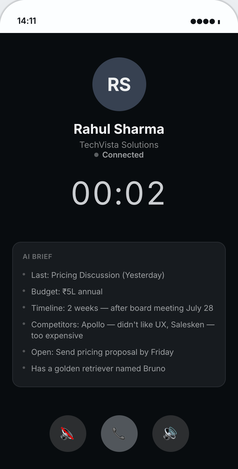 Active call screen with live transcript and AI-captured next actions